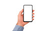© Sodapeaw - Hand holding smartphone with blank white screen isolated on transparent background technology concept close up copy space modern device digital communication business mockup relaxed mood