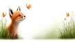 © Irina B - Adorable baby fox observing butterflies in nature themed design on white background for poster or card