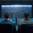 © Sasiwan - Two military officers sit in high tech control room, monitoring digital maps and data on large screens, focused and alert, overseeing city surveillance operation at night