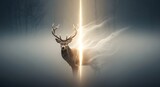 A majestic deer standing in a foggy forest with a mystical light beam illuminating its antlers and body, creating a surreal and enchanting atmosphere