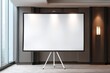 © Marina Demidiuk - Whiteboard mock up on a wooden floor. Blank white board front. Empty marker board display standing tripod. Banner mockup 3d. Large office projector screen stand set. Flip chart business presentation