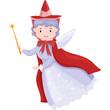 © Inara - Whimsical elderly fairy godmother with a red cape and hat holding a sparkling wand on a transparent white background
