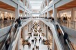© Anna Lurye - A wide-angle motion-blur shot of shoppers walking through the multi-level atrium of a modern, bright shopping mall with escalators, representing consumerism, urban commerce, and retail dynamics