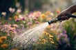 © Marina Demidiuk - Person using a hose to water the garden, with colorful flowers and greenery in the background. Gardener Hand holding the spray head of the watering gun over the backyard green plants. Summer sunny day