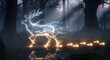© qoryindra - A mystical scene in a dark forest featuring a glowing, lightning-like deer with electric energy emanating from its body and illuminating the surroundings