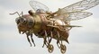 © budi - Intricate steampunk mechanical bee flying against a cloudy sky, showcasing detailed copper and brass construction with gears and transparent wings.
