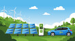 © PDWN Creative - Eco-friendly electric vehicle plugged into a charging station powered by solar panels and wind turbines, a clean energy concept illustration