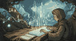© Setiawan - A hooded figure from a fantasy world using a glowing holographic keyboard.