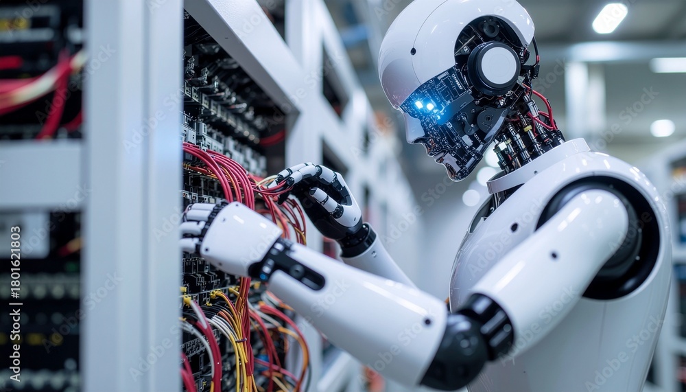 Automated Server Technician: A humanoid robot diligently works on the ...