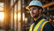 © Chookeit - A confident construction worker wearing a safety helmet and reflective vest standing at an industrial site during golden hour, representing professional labor, safety and modern industry