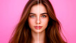© NK_Media - Woman's portrait before and after image enhancement. Comparing low resolution pixelated face high definition sharpened version on a pink background enhance upscale increase image resolution ai app