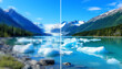 © NK_Media - Comparing image resolution showing a pixelated low quality landscape next to clear high resolution version of mountain lake with floating ice forest enhance upscale increase image resolution ai app