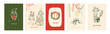 © madiwaso - Whimsical Christmas set of cards. Whimsy design poster template with Christmas tree with bow, Santa, wreath and cute dog, cat. Ribbon garland border greeting card design
