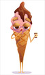© Elena - A cute, colorful ice cream cone with a sleepy man holding a coffee. Ice cream, cone, sweet, character, coffee, sleep