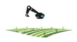 © Fawad - Futuristic robotic arm hovering over a green agricultural field with rows of crops and small trees