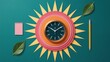 © NAEEM - Creative clock design with paper sun pencil notepad and leaves set against a teal background showing concept of time work and planning
