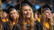 © saranya - Smiling young graduates in caps and gowns celebrating success at a commencement ceremony, filled with joy, pride, and a sense of accomplishment.