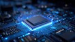 © Pixelzone - Stunning photo of concept CPU microchip for ai and data network. Close-up view of modern chip gpu card with circuit blue neon lights.