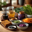 © visoot - Plant based umami ingredients including miso, tofu, soy sauce, pickled vegetables, and fresh greens on wooden table