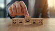 © Asawin - a person holding a cube with a happy face, surrounded by other cubes expressing different emotions. The image evokes themes of happiness, mood, and choice