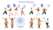 © Uzair Vector - Vibrant winter parade illustration featuring costumed characters and joyful snow dancers perfect for festive holiday promotions and seasonal advertisements