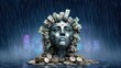 © stardadw007 - A stylized, robotic face with money and coins, set against a rainy cityscape, symbolizes wealth and technology in a futuristic setting.