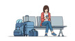 © Popu - Worried woman with luggage anxiously checks her phone while waiting for her flight in a modern airport terminal