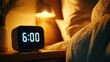 © ERiK - Digital alarm clock showing 6,00 am on wooden nightstand beside sleeping woman, soft bedroom lighting highlighting peaceful morning moment