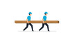 © Popu - Two workers carrying a long wooden beam together, symbolizing teamwork and construction projects in a clean, modern style