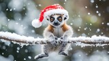 Baby lemur wearing a Santa hat, swinging from a snow-covered branch .
