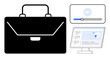 © robu_s - Black briefcase, video player with progress bar, and analytics dashboard on monitor. Ideal for business, online learning, digital tools, productivity, management, modern workplace simple flat