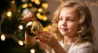 © Tatiana - Young girl decorating Christmas tree with golden ornament indoors