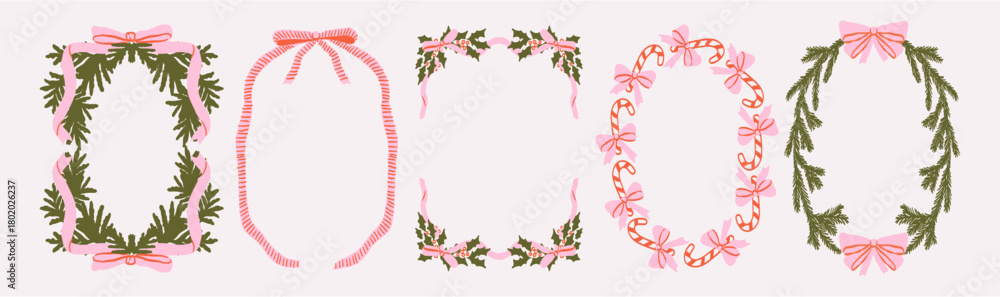 Christmas decoration frames with fir tree branches and bow with ribbons ...