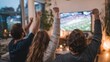 © t.sableaux - Friends celebrating a touchdown during the Super Bowl, raising hands in excitement while watching a large TV in a cozy living room atmosphere