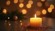 © miss irine - Warm candle flame glows softly on table sparkling with glitter. Blurred festive lights create cozy atmosphere. Pine branch, bauble suggest holiday season celebration. Relaxing scene with peaceful