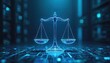 © miss irine - Scales of justice illuminated on futuristic circuit board backdrop. Symbolizes digital law fairness balance and legal tech in court. Abstract concept of right judgment.