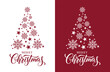 © bibin - A mirrored Christmas design split between white and deep red backgrounds. Both sides feature the phrase 'MERRY Christmas' in elegant script below a stylized Christmas tree shape composed of large snow
