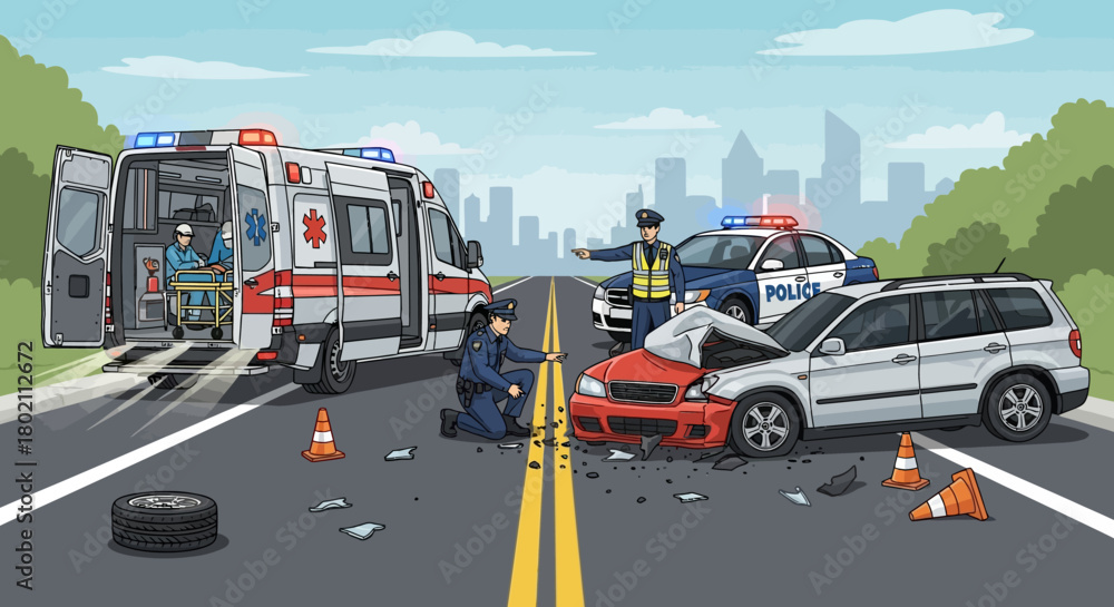 Car accident scene with police cars, ambulance, and injured people ...