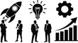 © Sihab Creatives - Business startup vector icons with rocket, idea bulb, teamwork silhouettes, gear settings, growth chart and corporate professionals in black silhouette style