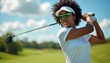 © miss irine - Young black female golfer swings club on sunny course. Woman wears sunglasses, white cap, white shirt, ready for shot. Focuses intently on game play.