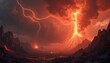 © miss irine - Volcanic eruption during intense lightning storm. Fiery lava flows across desolate land under dark, charged sky. Dramatic natural disaster unfolds with powerful electrical phenomena illuminating red,
