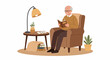 © Nafa Project - Happy elderly man enjoying a quiet evening at home, relaxing in an armchair while reading a book under the warm glow of a lamp.