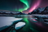 Spectacular aurora borealis dancing in the night sky over a frozen arctic landscape with mountains