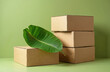 © miss irine - Eco-friendly packaging with cardboard boxes and a fresh green leaf. Concept of sustainable delivery, carbon neutral shipping. Symbol of zero waste, recycling and responsible business logistics.