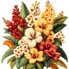  Vibrant arrangement of colorful tropical blossoms and lush foliage creates a rich floral display