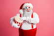 © deagreez - Santa with popcorn and three dimensional glasses in a pink studio enjoying a festive moment