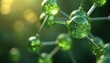 © miss irine - Close up shot of green molecule structure on blur background. Green atom model concept for science, research, lab and modern tech innovations. Organic abstract art, energy pattern with bokeh.