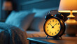 © miss irine - Analog alarm clock glows brightly on a dark bedside table in a quiet bedroom at night. Time is shown on old style timepiece. Bed and lamp are in blurred background, creating a cozy home atmosphere.