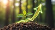 © designhunt - Small green plant growing from the earth with a glowing green and gold light trail forming an upward arrow. Concept of positive growth, sustainable energy, eco-friendly business, and success path.