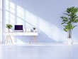 © Ferdi - A clean and minimalist home office setup featuring a white desk with a computer, potted plants, and binders, illuminated by natural light.